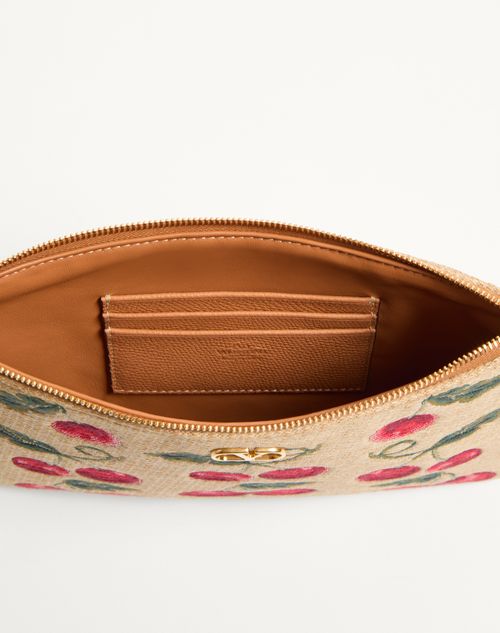 Valentino Garavani - Vlogo Signature Clutch Aus Jacquard-raffiabast Mit Cherryfic-motiv - Natur/rot - Frau - Pochetten