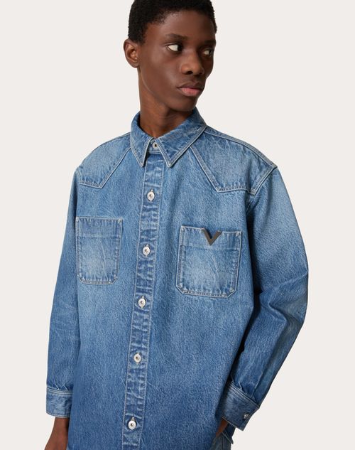 Denim Shirt With Metallic V Detail for Man in Denim Denim Shirt With Metallic V Detail for Man in Denim