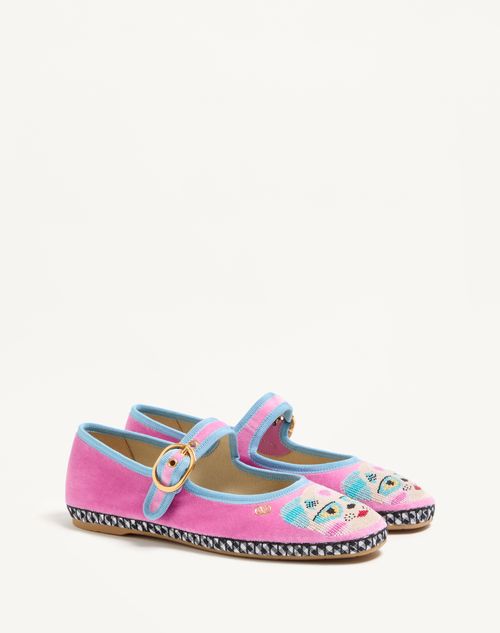 Valentino Garavani - Mary-jane Endouce Velvet Ballerina With Le Chat De La Maison Embroidery - Pink/baltic Blue - Woman - Ballerinas