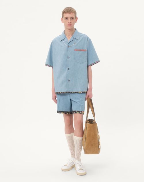 Valentino - Denim Bowling Shirt With Floral Print Trim - Denim - Man - Denim