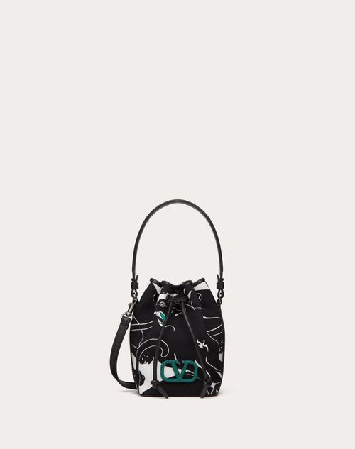 Valentino Garavani - Mini Valentino Garavani Escape Bucket Bag In Canvas With Panther Print And Jewel Logo - Black/white/green - Woman - Shoulder Bags