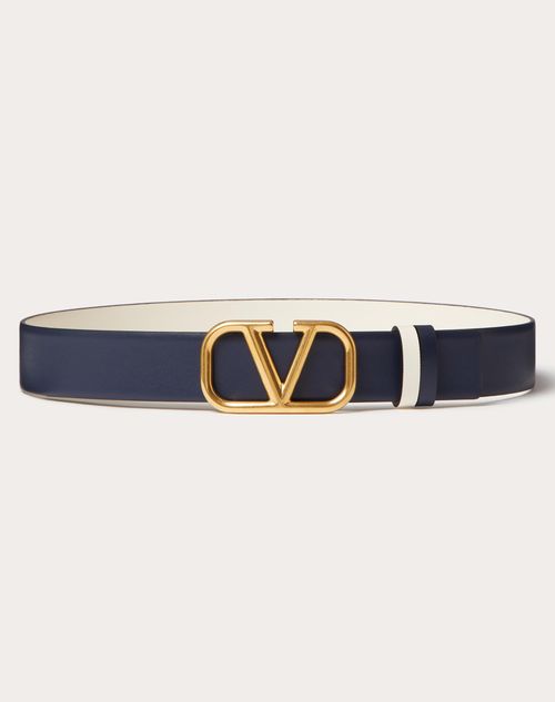 Valentino Garavani - Reversible Vlogo Signature Belt In Glossy Calfskin 30 Mm - Marine/light Ivory - Woman - Belts