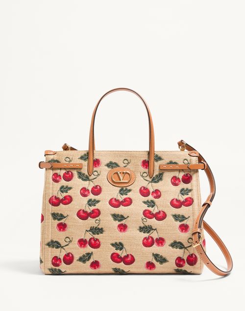 Valentino Garavani - Valentino Garavani Antibes Medium Shopping Bag In Jacquard Synthetic Raffia With Cherryfic Motif - Natural/red - Woman - Bags
