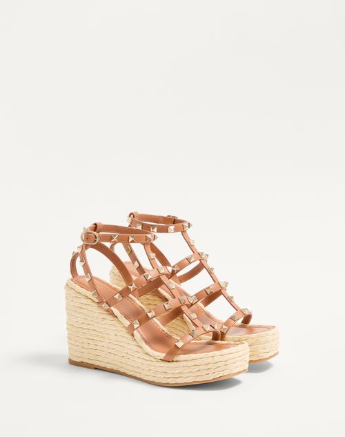 Valentino Garavani - Rockstud Wedge Sandal With Calfskin Straps 95mm - Natural/almond - Woman - Espadrilles And Wedges