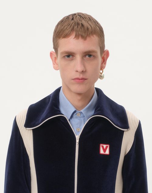 Valentino - Chez Valentino High-neck Chenille Sweatshirt With Zip And Patch - Indigo/butter - Man - Tshirts And Sweatshirts