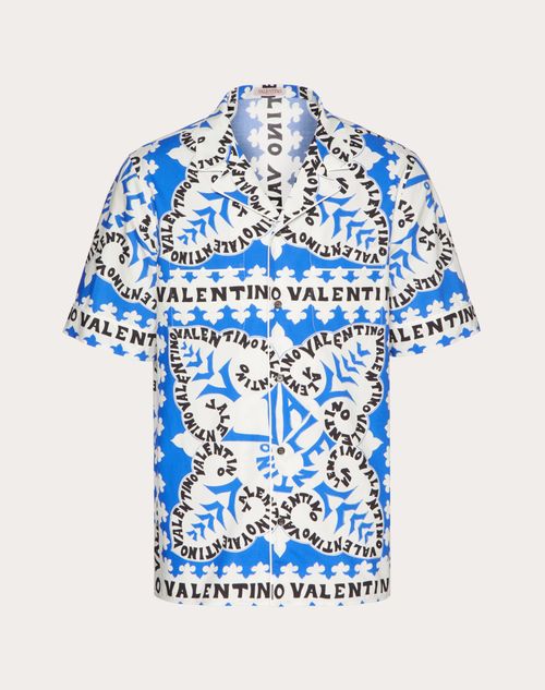 Valentino - Kurzarmhemd Aus Baumwolle Mit Mini Bandana-aufdruck - Blau/elfenbein/marineblau - Mann - Hemden