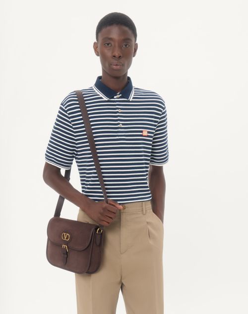 Valentino - Valentino Cotton Piqué Polo With Vlogo Patch - White/blue - Man - T-shirts And Sweatshirts