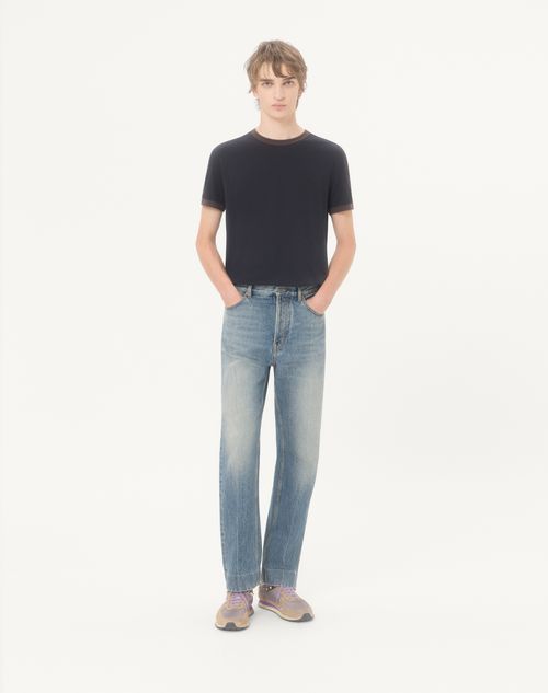 Valentino - Valentino Cotton T-shirt With Crew Neck, Contrasting Side Bands And Vlogo Embroidery - Navy/brown - Man - T-shirts And Sweatshirts