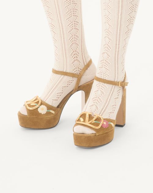 Valentino Garavani - Vlogo Signature Platform Sandal In Split Leather With Floral Embroidery 115 Mm - Havana Beige - Woman - Sandals