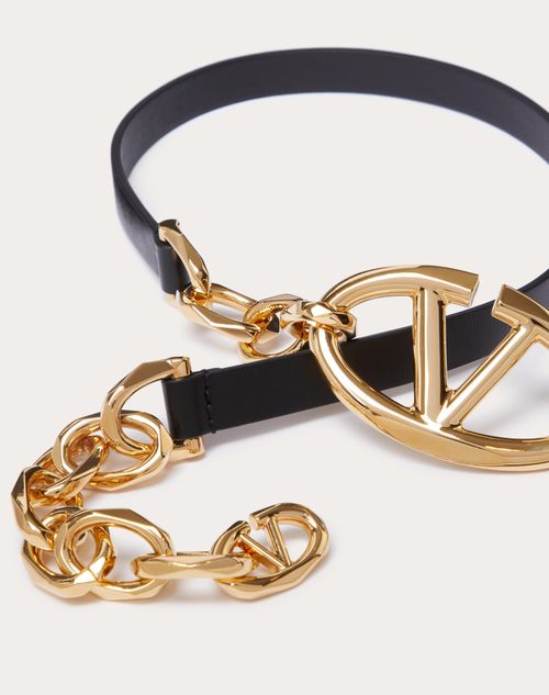 Valentino Garavani - Vlogo Signature Shiny Calfskin Belt With Chain - Black - Woman - Belts