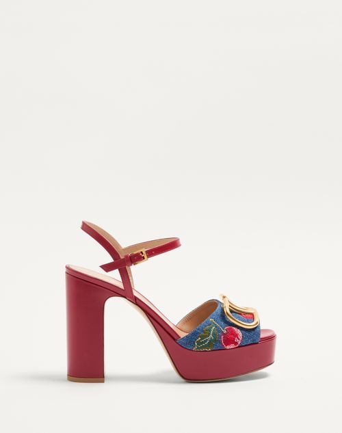 Valentino Garavani - Vlogo Signature Platform Denim Sandal With Cherryfic Embroidery 115mm - Denim/multicolour - Woman - Sandals