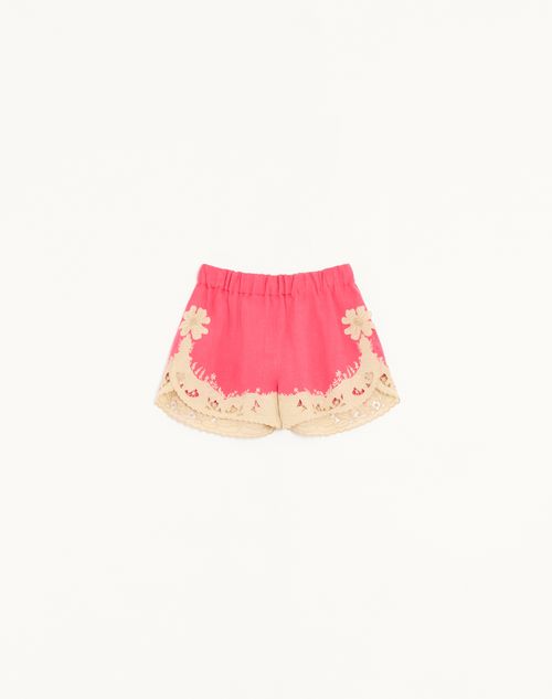 Valentino - Embroidered Couture Linen Shorts - Coral/beige - Woman - Trousers And Shorts
