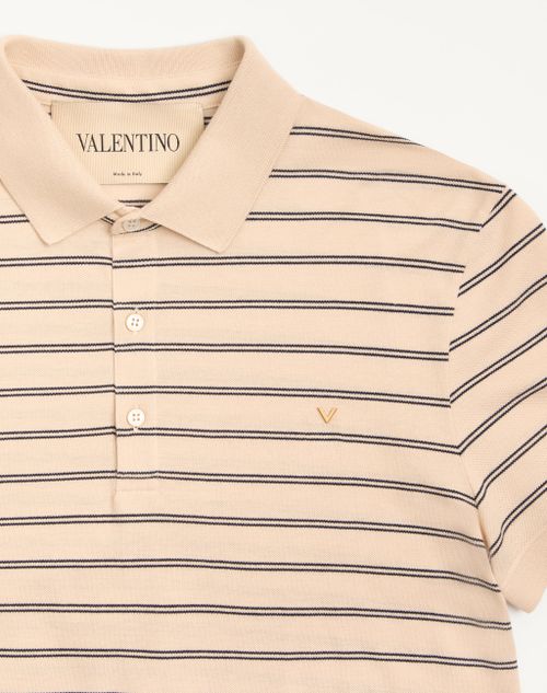 Valentino - Valentino Cotton Piqué Polo With Vgold Stripes - Beige/navy - Man - T-shirts And Sweatshirts