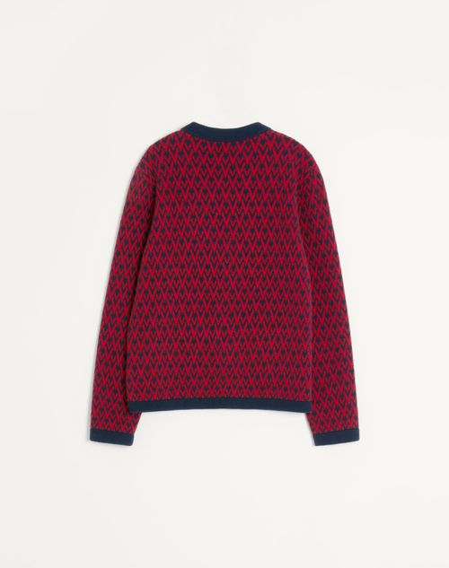Valentino - Wool Cardigan With Toute La V Pattern - Navy/ Red - Man - Knitwear