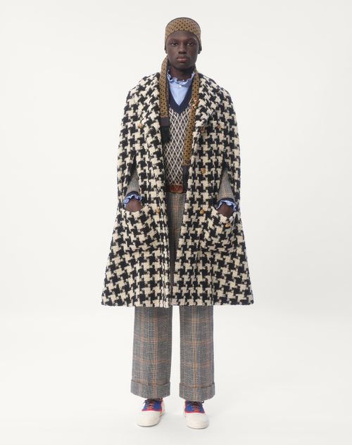 Valentino - Wool Blend Trousers With Turn-up With Check Pattern - Ivory/camel/black - Man - Trousers And Shorts