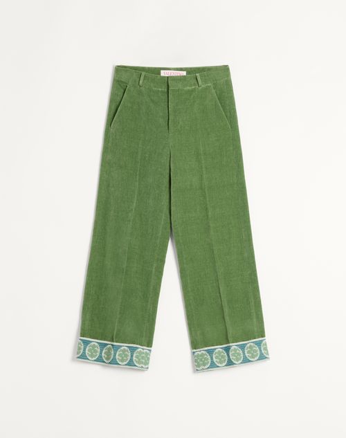 Valentino - Pantalon En Velours De Coton Et Lin Lavé Avec Ourlets En Jacquard - Vert - Homme - Shorts Et Pantalons