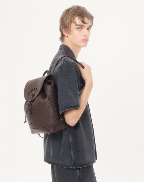 Valentino Garavani - Valentino Garavani Antibes Backpack In Perforated Leather - Dark Brown - Man - Backpacks