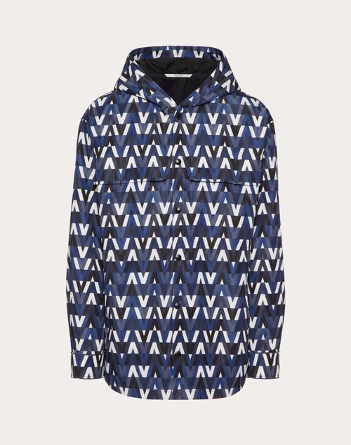 Valentino - Hooded Shirt Jacket With Optical Valentino Print - Navy/multicolor - Man - Man Ready To Wear Sale