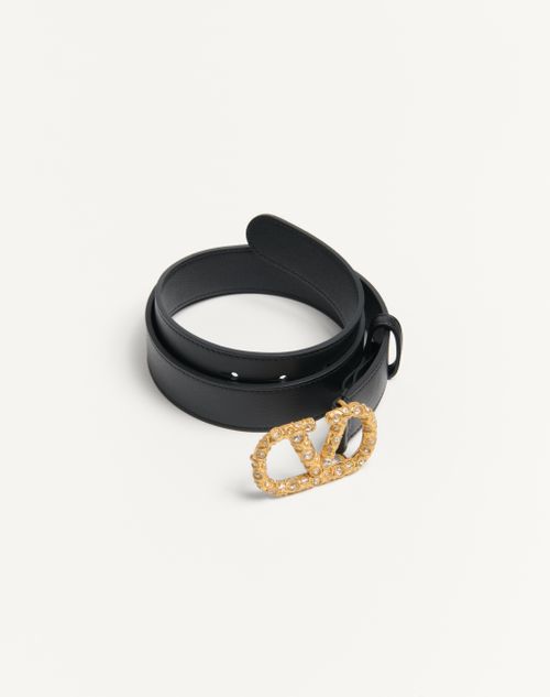 Valentino Garavani - Ceinture Vlogo Signature En Cuir De Veau Brillant Avec Cristaux 30 Mm - Noir/cristal - Femme - Belts - Accessories