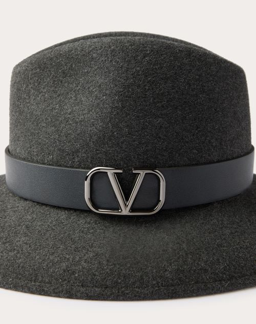 Valentino Garavani - Chapeau Fedora Vlogo Signature En Fourrure De Lapin Et Cuir - Gris Foncé - Femme - Gants Et Chapeaux