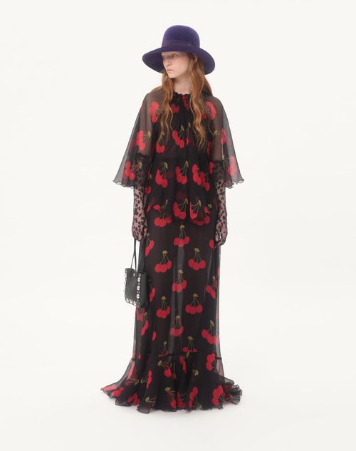 Valentino - Long Dress In Crepponne Chiffon With Cherryfic Print - Black/cherry Red - Woman - Gowns