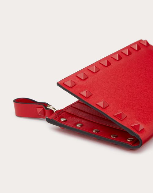 Valentino Garavani - Rockstud Calfskin Cardholder With Zip - Rouge Pur - Woman - Wallets And Small Leather Goods