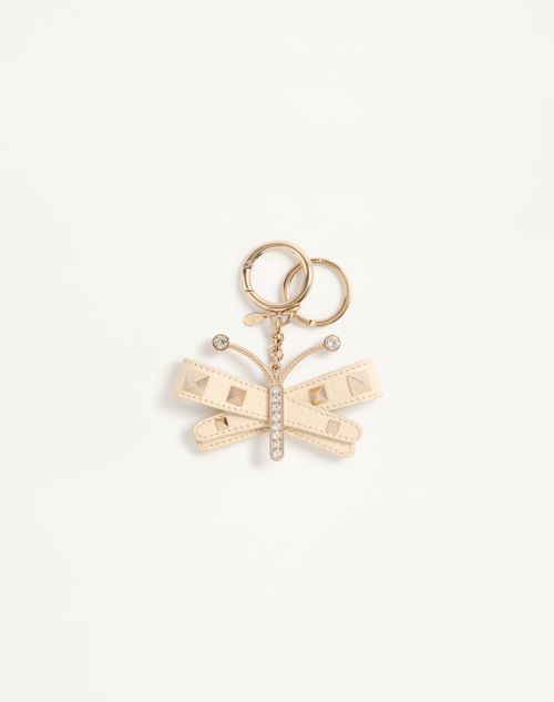 Rockstud Bag Charm with Keychain in Grainy Calfskin and Swarovski® Crystals
