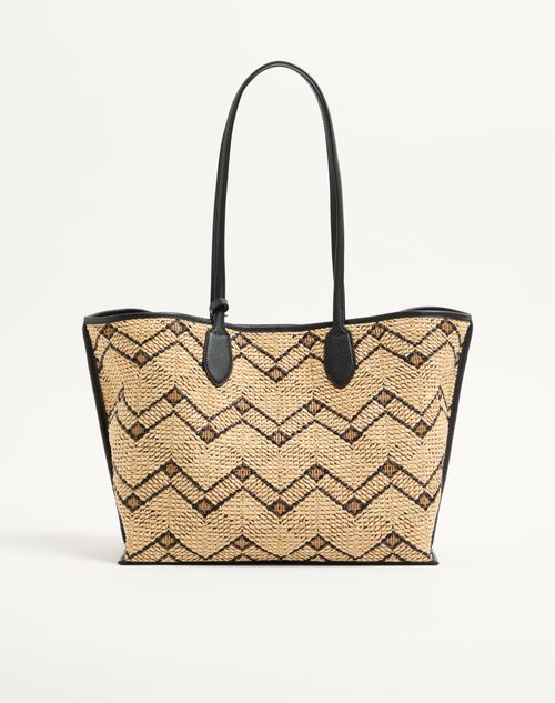 Valentino Garavani - Mittelgroßer Valentino Garavani Shopper Aus Raffiabast Mit Geometrischem Muster - Natur/schwarz - Frau - Shopper Taschen