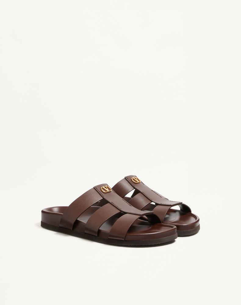 Valentino Garavani Studshield Slide Sandal In Calfskin Man Bark Brown 44.5