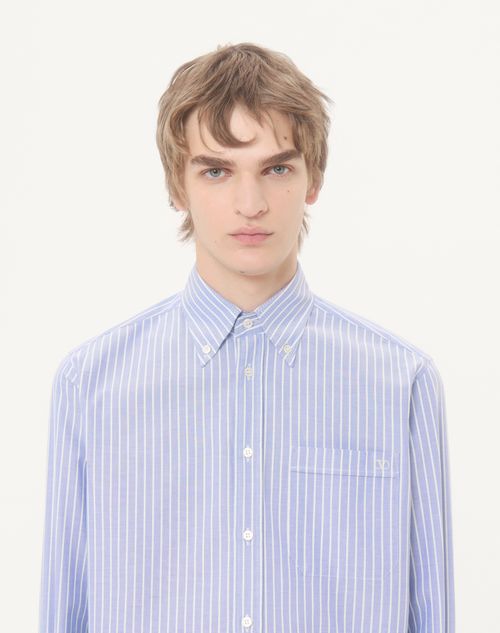 Valentino - Camicia In Cotone Con Ricamo Vlogo - Bianco/azzurro - Uomo - Camicie