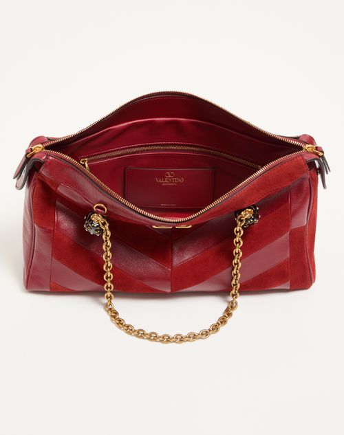 Valentino Garavani - Valentino Garavani Panthea Medium Shoulder Bag In Suede And Nappa With Chevron Motif - Red - Woman - Shoulder Bags
