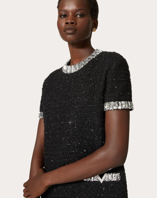 Valentino Embroidered Collar Short Sleeve Dress in Black