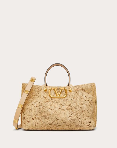 Valentino Garavani - Medium Shopping Bag In Lace-effect Raffia - Natural - Woman - Valentino Garavani Vlogo Signature