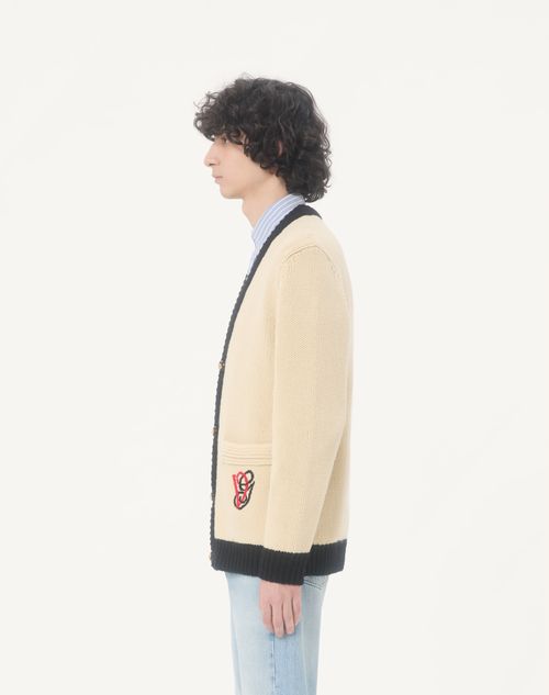 Valentino - Valentino Wool Cardigan With Embroidered Vg - Butter/black - Man - Knitwear