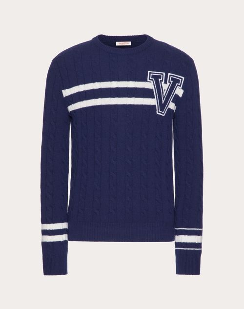 Valentino - Crewneck Sweater In Wool With Embroidered V Patch - Navy/ivory - Man - Knitwear