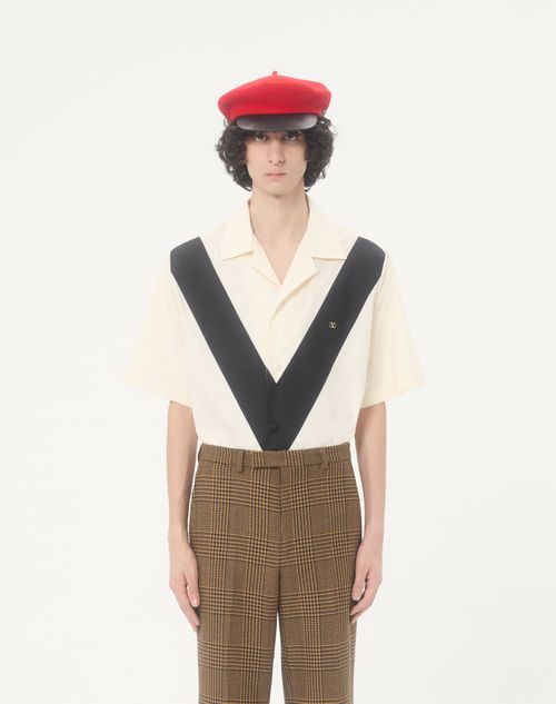 Valentino - Valentino Cotton Poplin Bowling Shirt With Inlaid V And Vlogo Patch - Ivory/black - Man - Shirts
