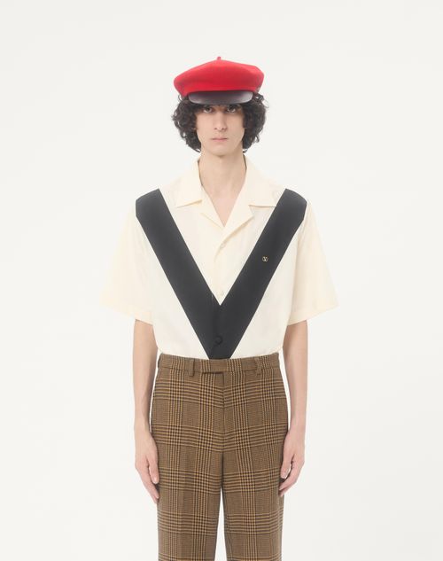 Valentino - Valentino Cotton Poplin Bowling Shirt With Inlaid V And Vlogo Patch - Ivory/black - Man - Shirts