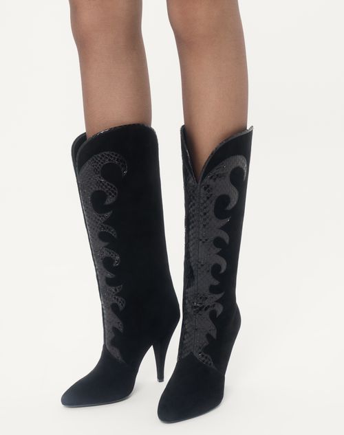 Valentino Garavani - Boutade Suede Boot With Elaphe Details 105mm - Black - Woman - Boots And Ankle Boots
