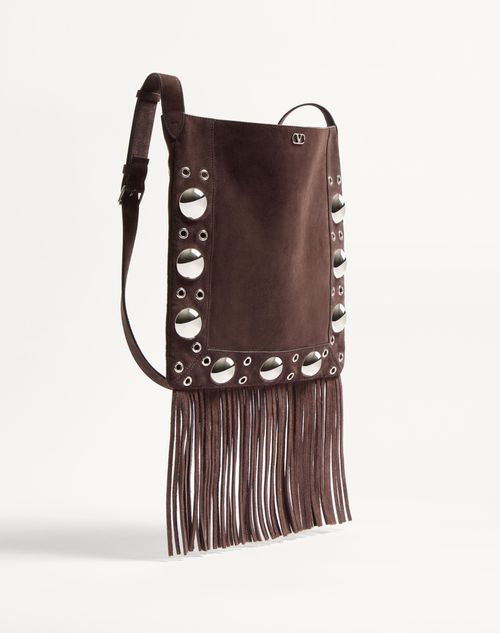Valentino Garavani - Valentino Garavani Nellcôte Suede Shoulder Bag With Fringes - Brown - Man - Bags