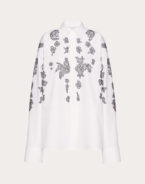 Valentino - Chemise Brodée En Popeline Compacte - Blanc/noir - Femme - Chemises Et Tops