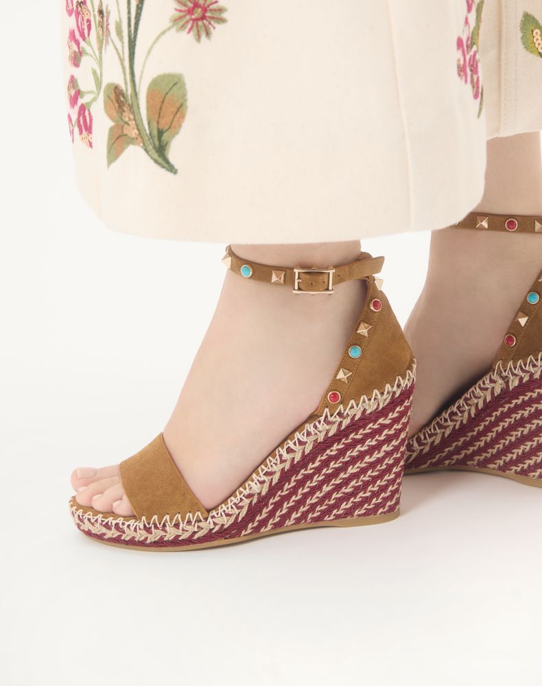 Valentino Garavani Rockstud Double Wedge Sandal In Split Leather With Cabochon Stones 105Mm Woman Havana Beige 39