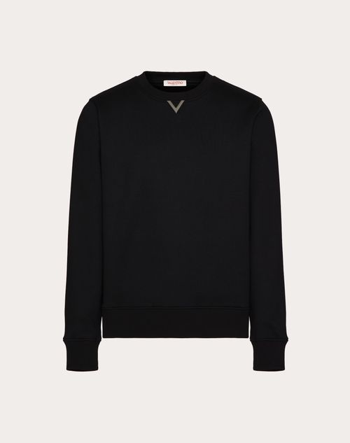 Valentino - Cotton Crewneck Sweatshirt With Rubberised V Detail - Black - Man - Apparel