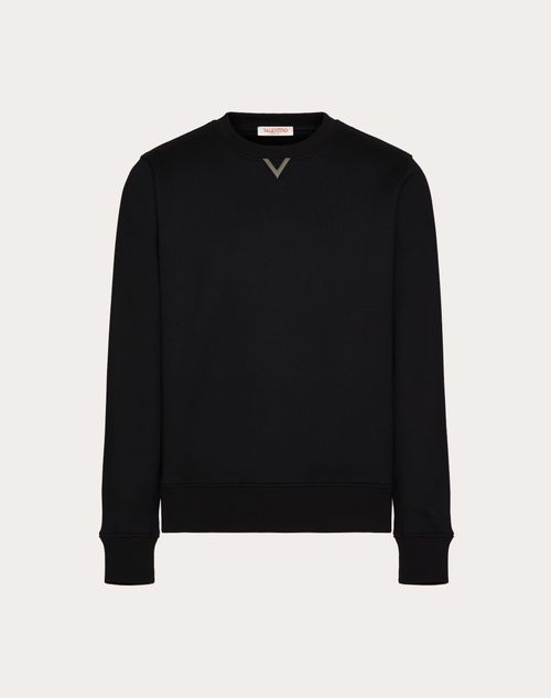 Valentino - Cotton Crewneck Sweatshirt With Rubberized V Detail - Black - Man - T-shirts And Sweatshirts