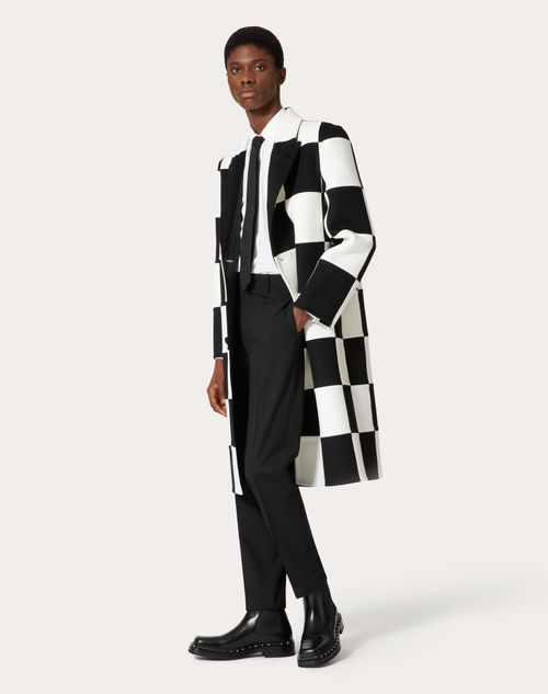 Valentino - Double-breasted Wool And Cashmere Coat With Ex Chess All-over Intarsia Pattern - Ivory/black - Man - Coats And Blazers