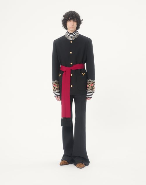 Valentino - Valentino Embroidered Jacket With Belt In Wool Gabardine With Vgold - Black - Man - Coats And Blazers