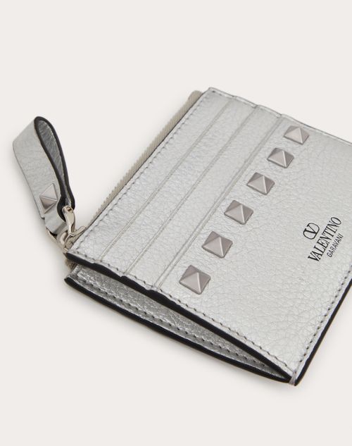 Valentino Garavani - Rockstud Grainy Metallic Calfskin Card Holder With Zipper - Silver - Woman - Small Treats