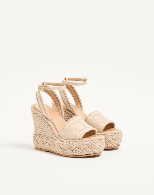 Valentino Garavani - Sandalo Zeppa Vlogo Torchon In Canvas Di Lino 130mm - Ecru - Donna - Espadrillas E Zeppe