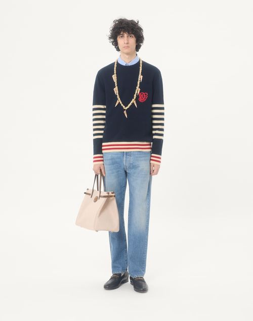 Valentino - Valentino Wool Sweater With Vg Embroidery - Navy/butter - Man - Knitwear