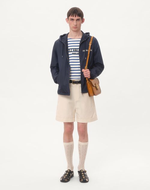 Valentino - Nylon Hooded Windbreaker With Chez Valentino Print - Blue/ivory - Man - Man Ready To Wear Sale