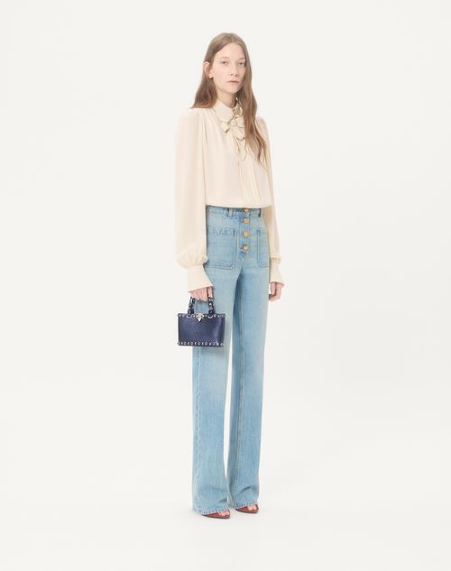 Valentino Garavani - Minibolso De Compras Valentino Garavani Rockstud De Cuero De Becerro Laminado - Azul Marino - Mujer - Bolsos Shopping